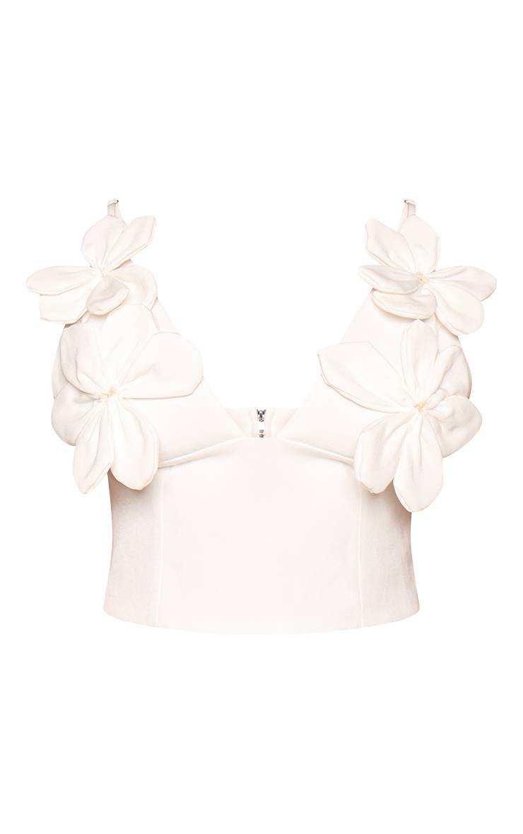 Blanc Top Caraco Tissé Petite Avec Détail Fleuri Sur Le Buste
