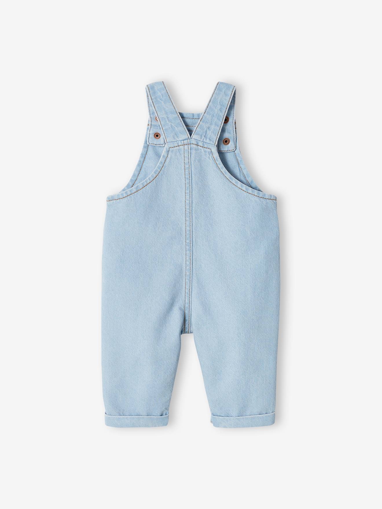 Jardineira jeans com bolsos contrastantes para bebê, jeans desbotado