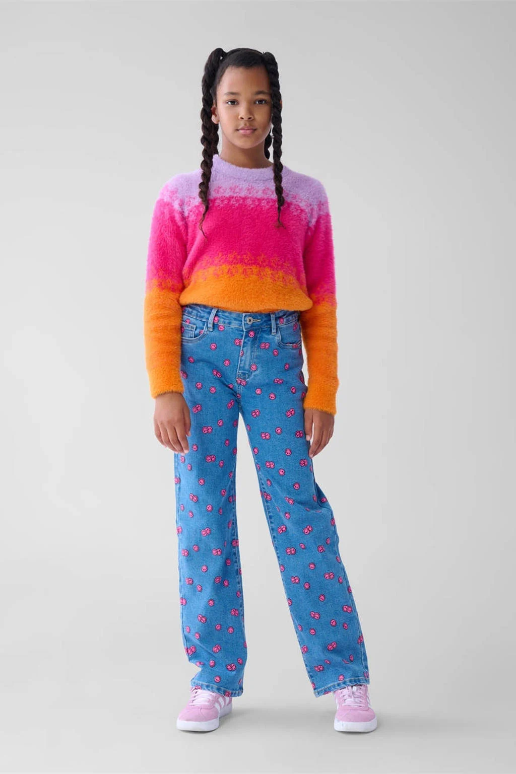 Shoeby high waist straight leg jeans met all over print blauw/roze