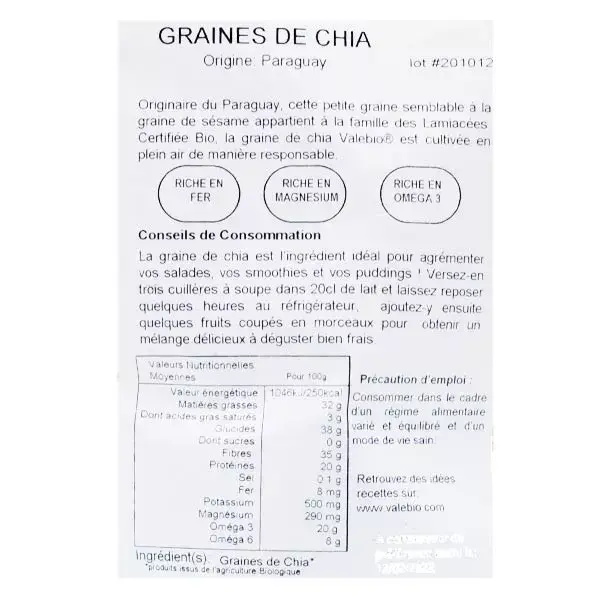 Valebio Graine de Chia Bio 200g