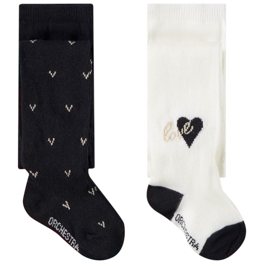Lot de 2 paires de collants épais en jersey imprimé coeurs pour bébé fille - Noir