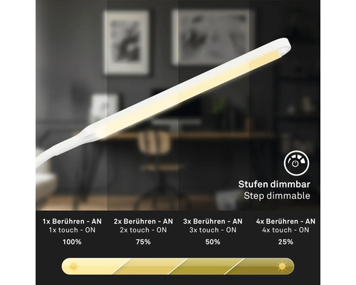 LED-kantoorlamp, 4-staps touch dimbaar, 6,5W, 600 lm, 3000 KH, 37 cm, Pivaz, wit, geheugenfunctie