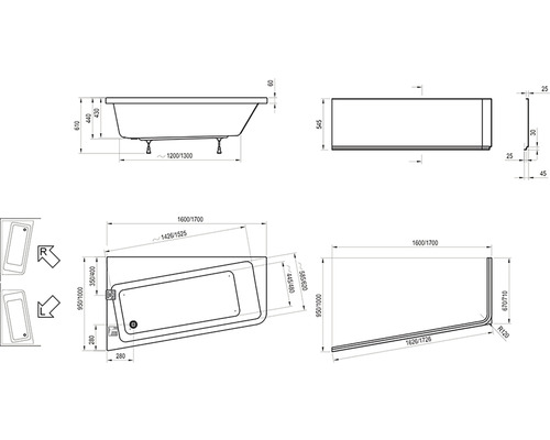RAVAK 10° badkuip, 95 x 160 cm, glanzend wit, C841000000