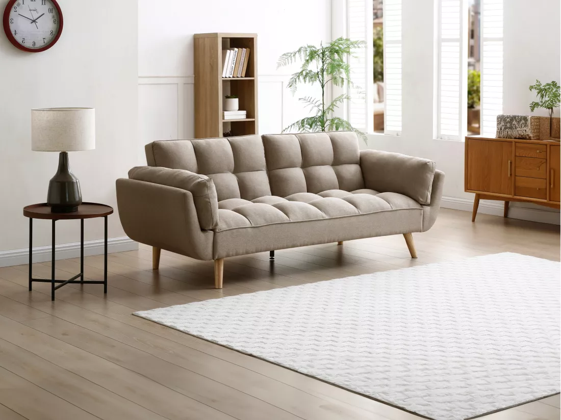 Canapé 3 places convertible clic-clac en tissu beige LOELINE