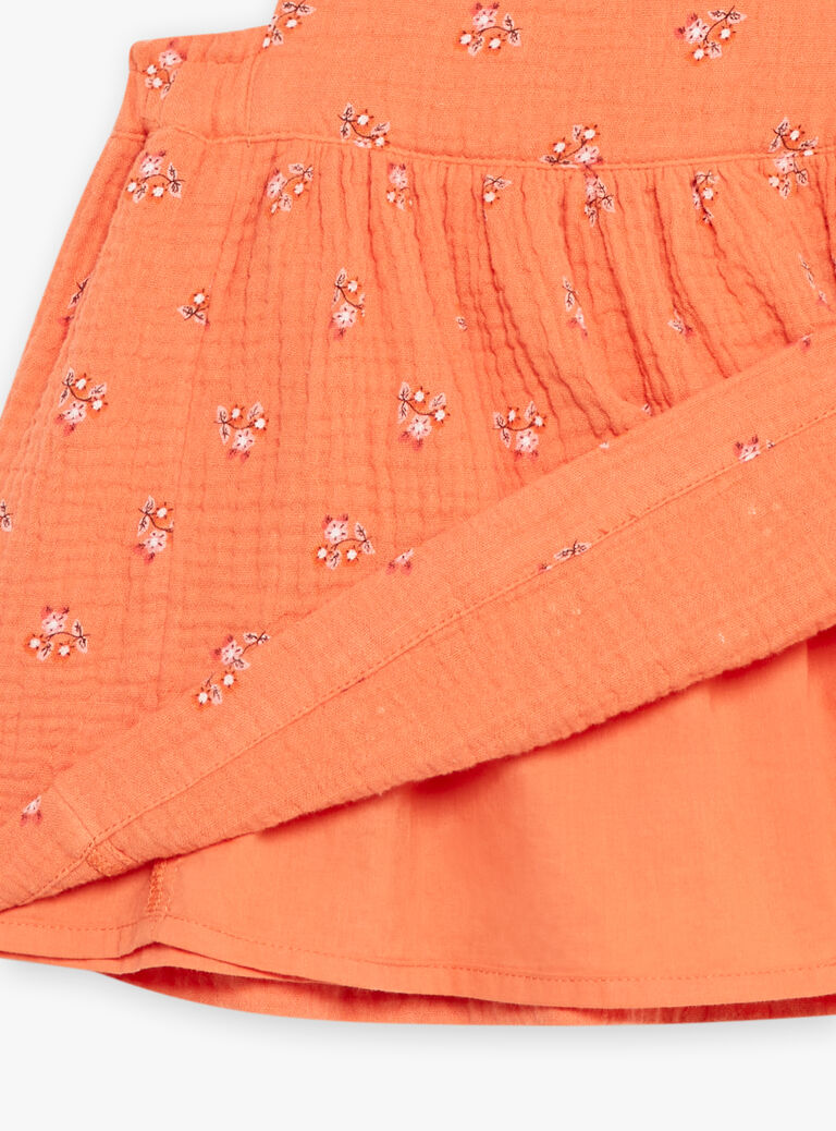 Robe chasuble orange en gaze de coton à imprimé fleuri