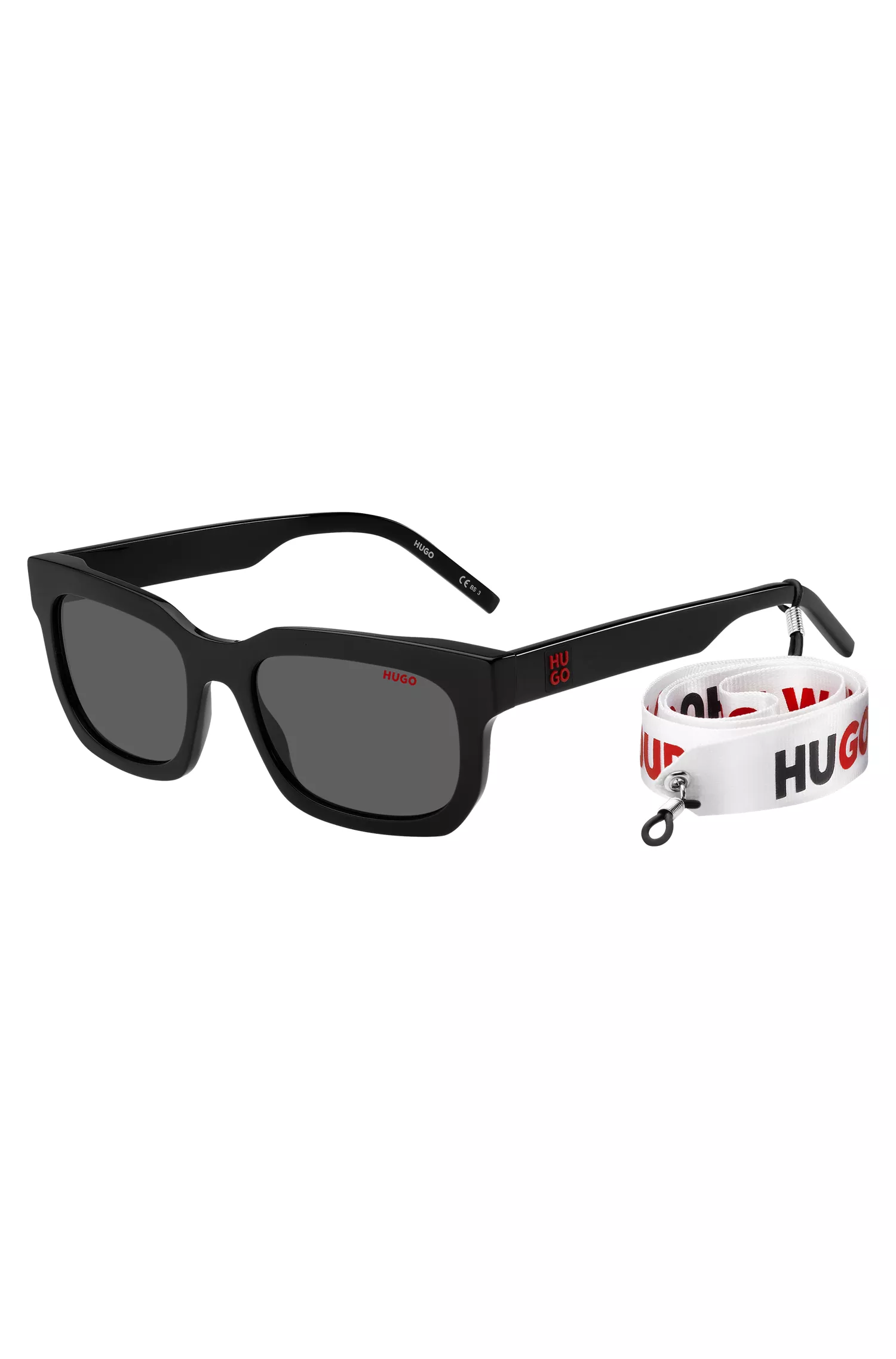 Óculos de sol HUGO em acetato vermelho e preto com alça removível com slogan.