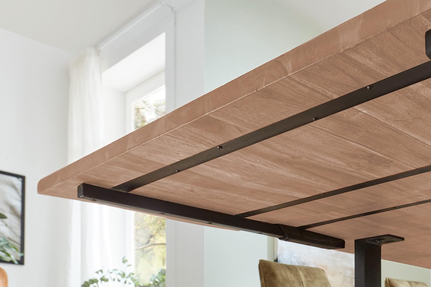 SAM Baumkantentisch 160 (260) x 90 cm Norina, Akazienholz massiv & stonefarben lackiert, Esszimmertisch inkl. 2 Ansteckplatten, echte Baumkante, Esstisch mit U-Metallgestell in Schwarz