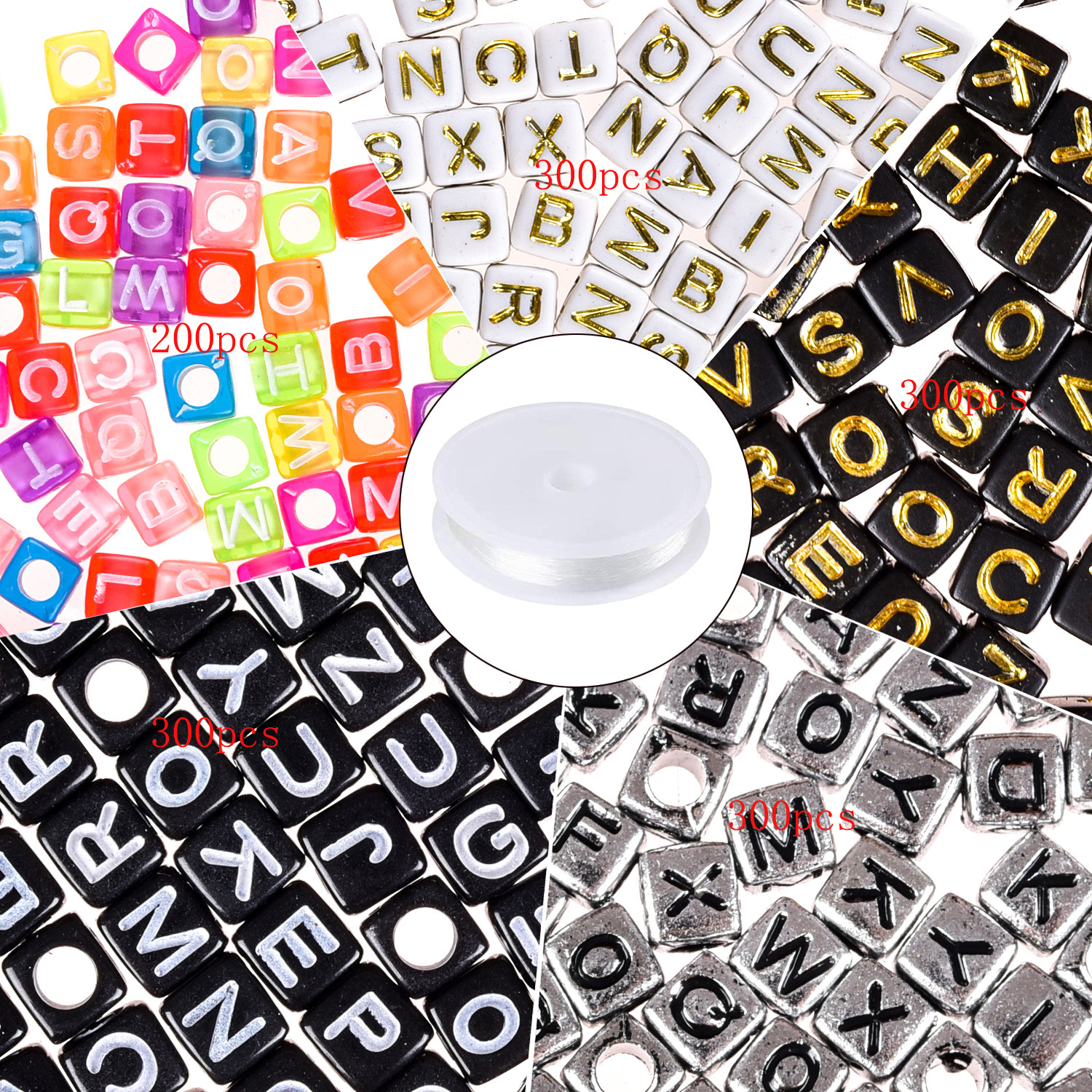 (1400er Set) 6mm Buchstaben Perlen DIY Cube Beads Freundschafts Armband Bastel Kette   0.8mm Nylon Faden
