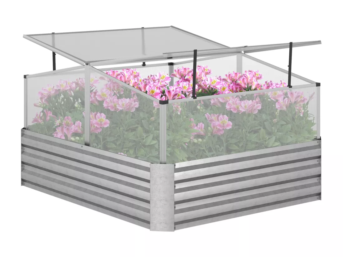 Mini serre de jardin carré potager 2 lucarnes dim. 126L x 107l x 67H cm alliage alu. acier galvanisé ondulé polycarbonate