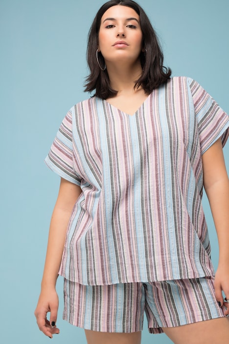 Blusenshirt, oversized, Streifen, V-Ausschnitt