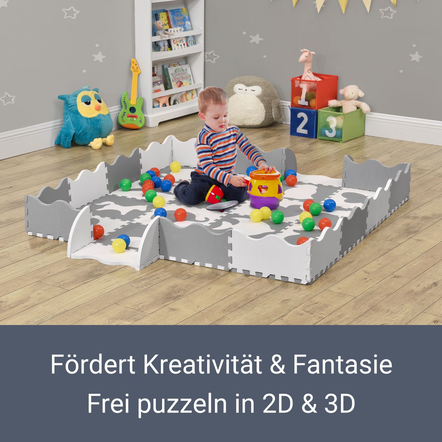 Juskys Kinder Puzzlematte Timon 36 Teile mit 16 Tieren - rutschfest – grau weiß