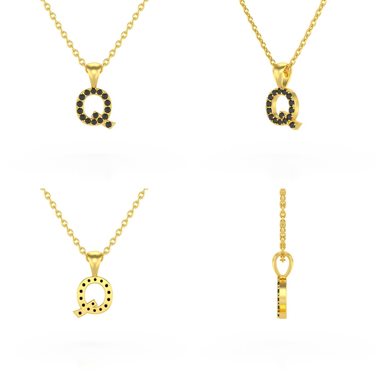 Collier Pendentif ADEN Lettre Q Or 750 Jaune Diamant Noir Chaine Or 750 incluse 0.72grs