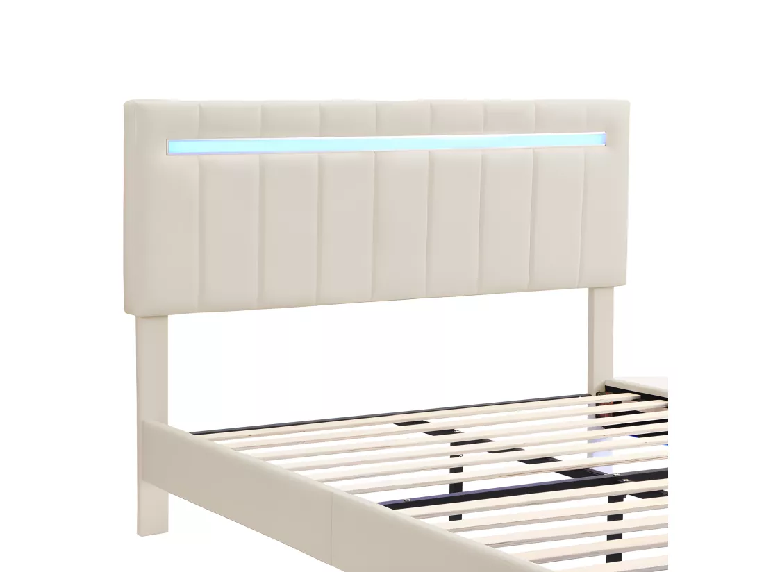 Lit rembourré en lin - 160x200cm - avec éclairage LED et Ports de charge USB - Beige