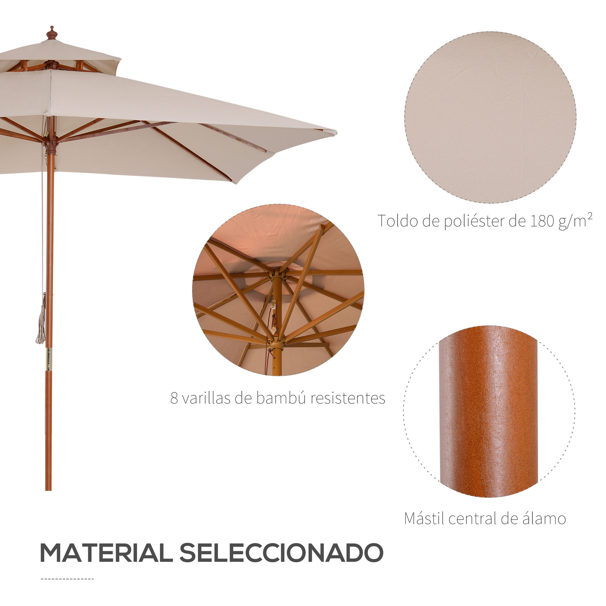 Guarda-sol de bambu Outsunny 3x3x3 m com cobertura dupla, sistema de polias à prova d'água para terraço e varanda, bege.