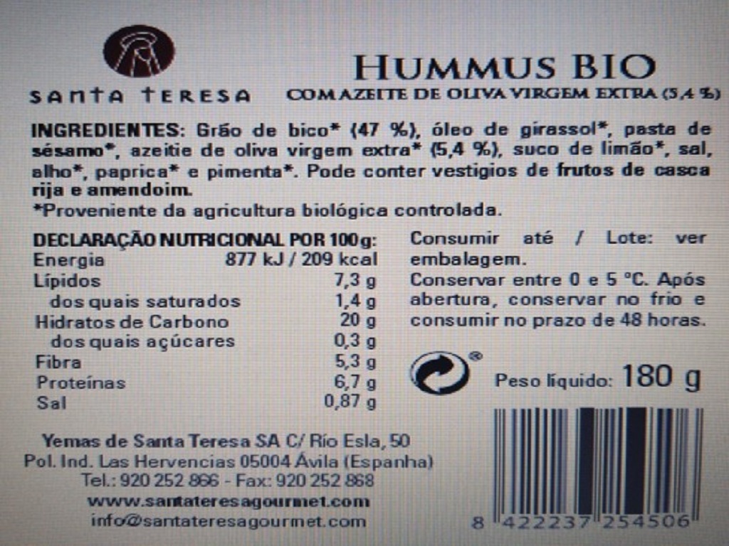 HUMMUS SANTA TERESA BIO 180G