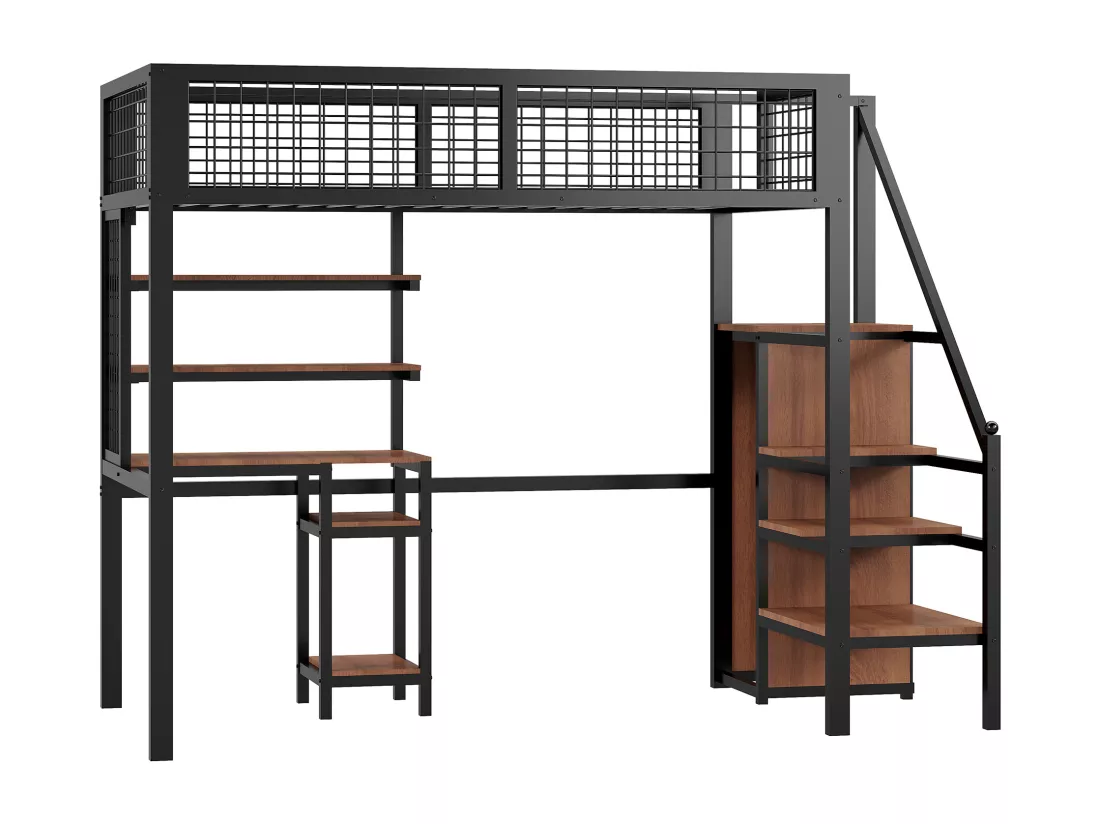 Lit mezzanine 90 x 200 cm en métal avec armoire, éscalier, bureau, étagères de rangement, tout-en-un, noir