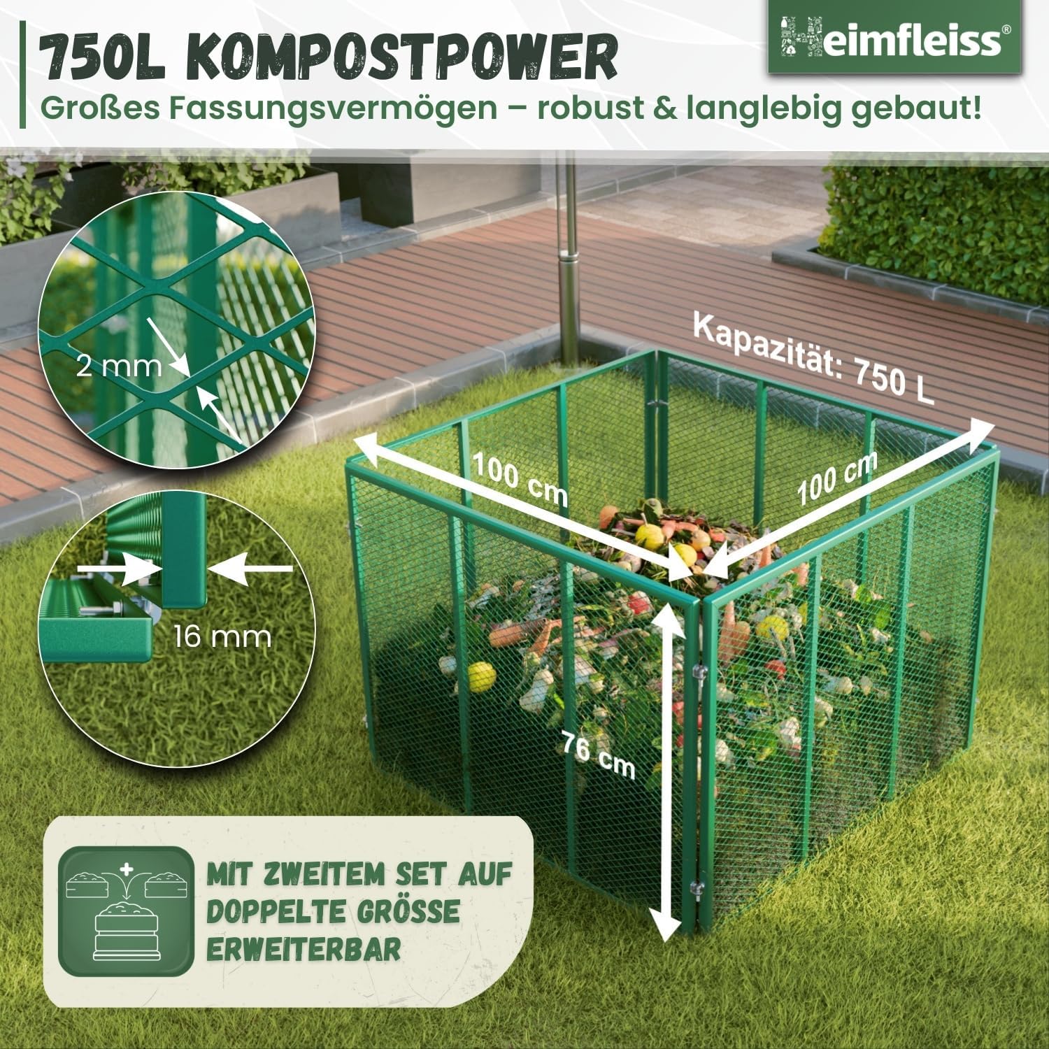 Heimfleiss® Komposter Garten Metall 100x100x75 cm + Deckel & Boden | 750L Metallkomposter verzinkt & pulverbeschichtet | Komposter Metall für Rasenschnitt & Biomüll | Gartenkomposter mit Stecksystem