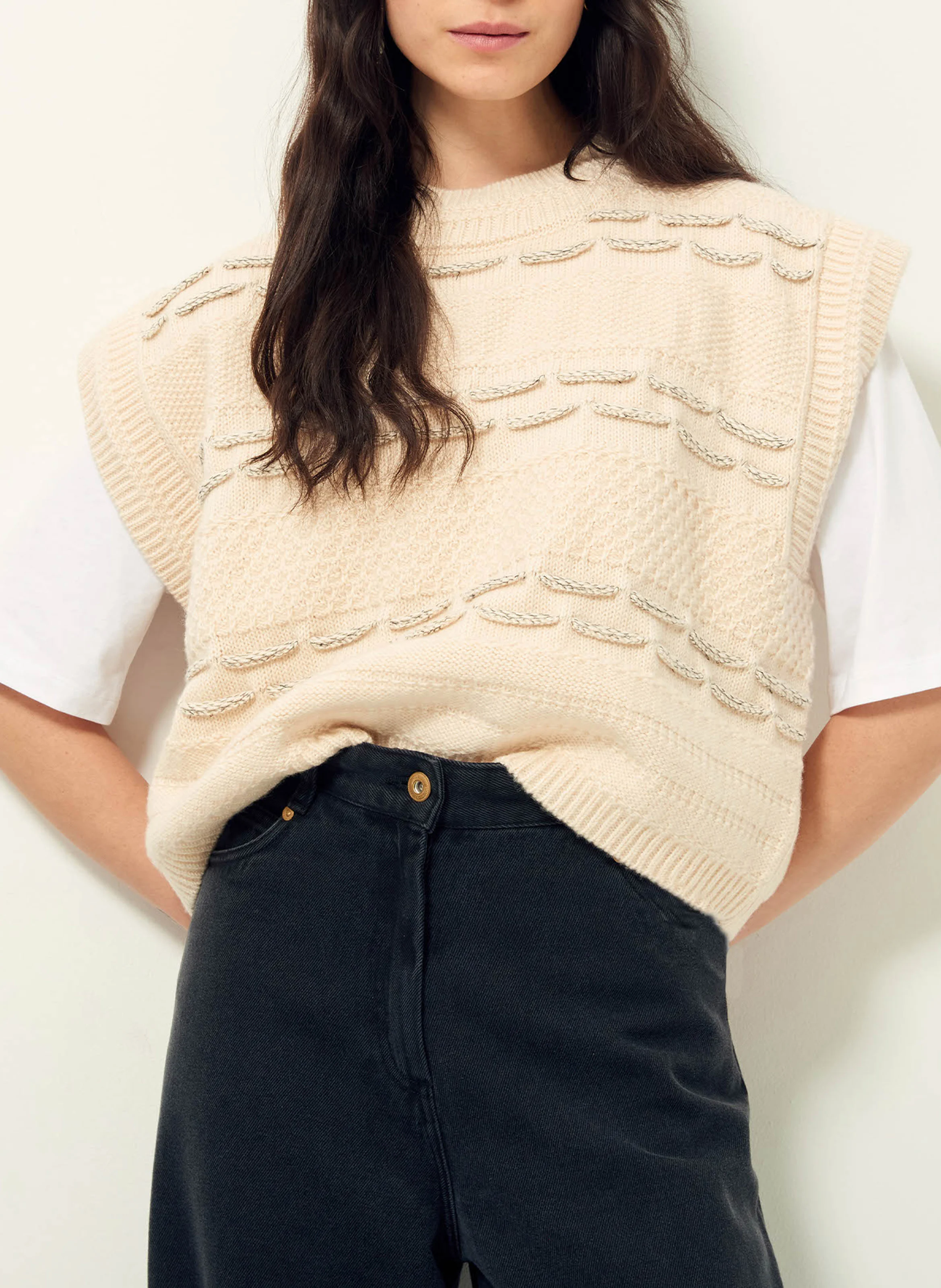 OLT - Pull sans manches col rond droit en maille | Beige