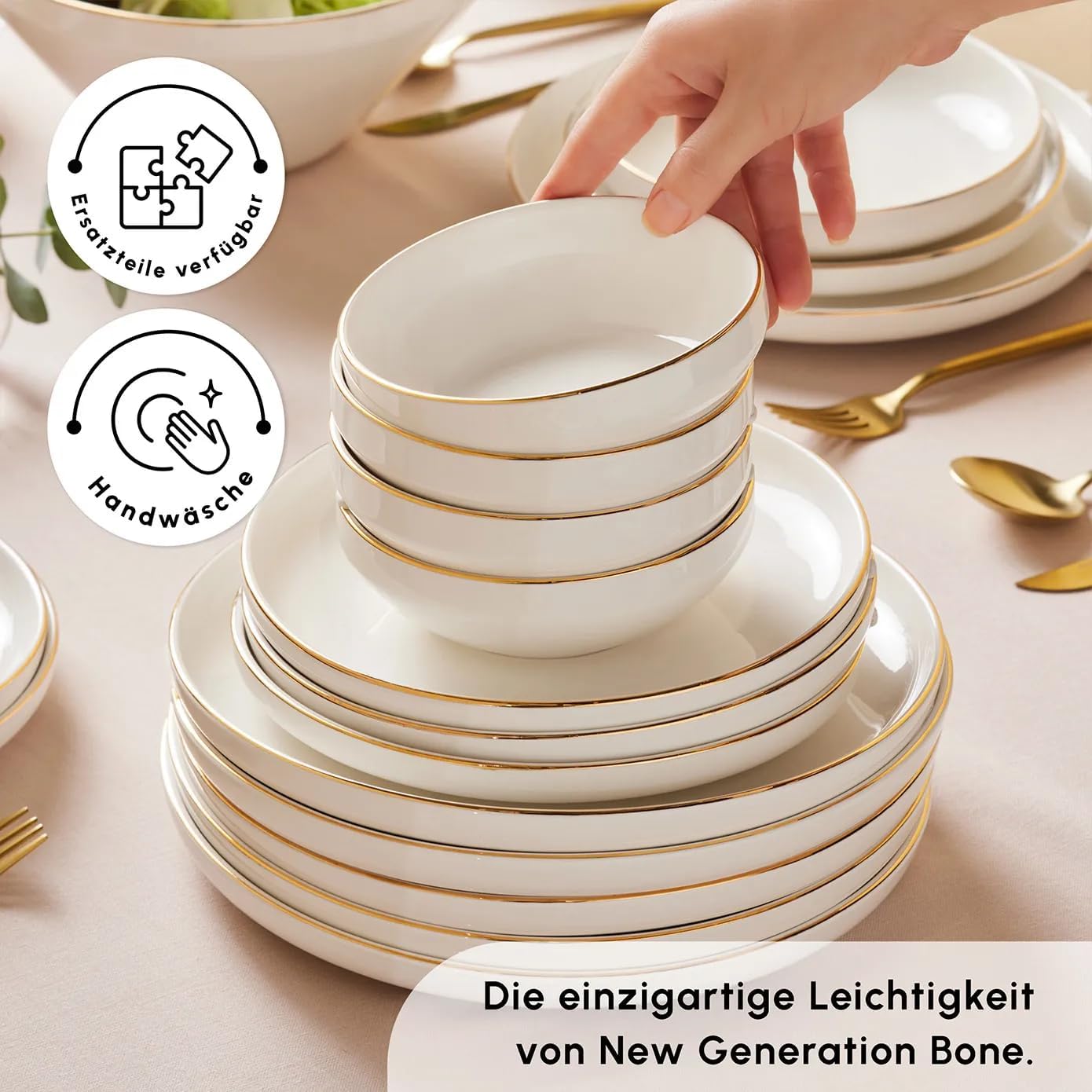 Karaca New Saturn Gold 59-Teiliges Streamline Porzellan Geschirrset für 12 Personen Set-Porzellan Geschirr set Servierteller aus Porzellan,Neuer Knochen