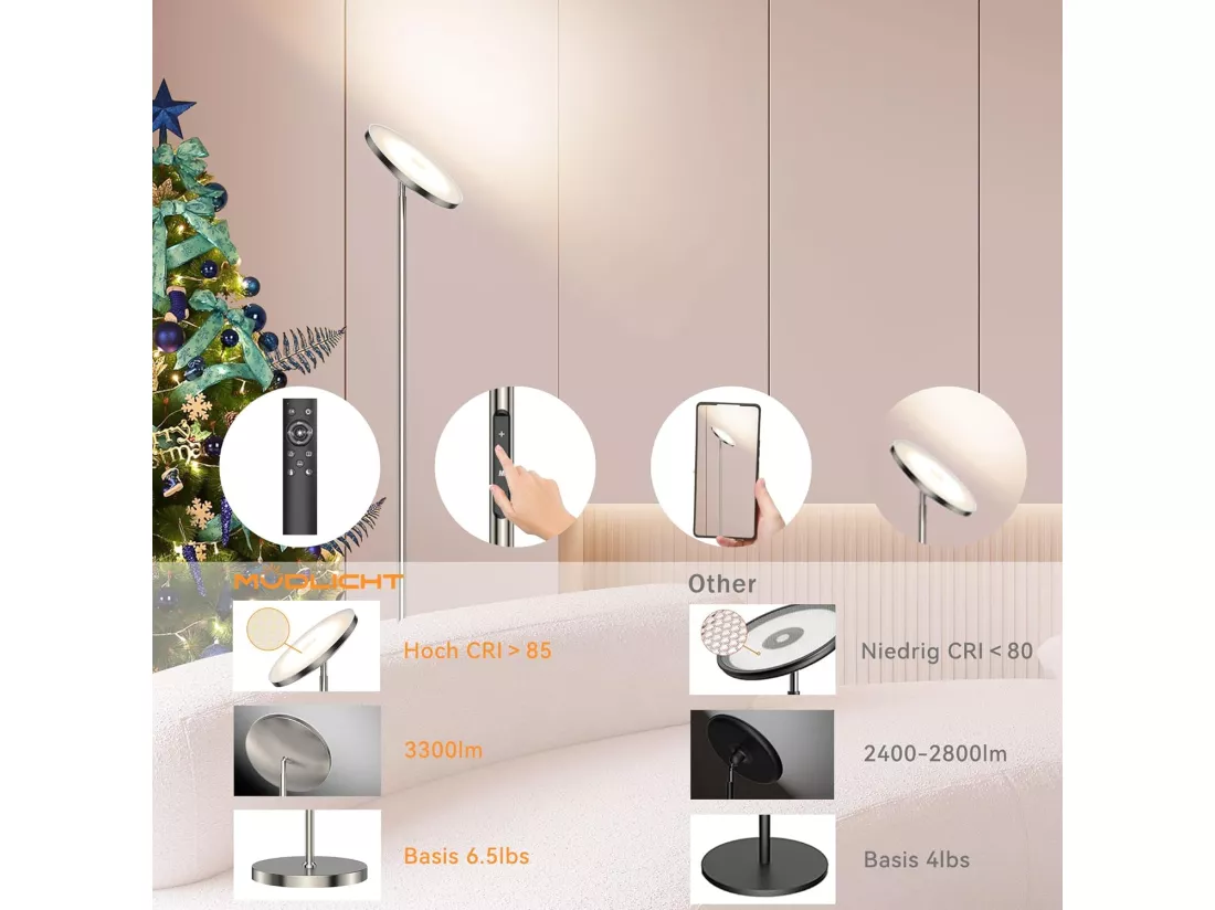 30W Lampadaire LED Dimmable Nickel,3330lm Lampadaires sur pied Salon avec Télécommande & Contrôle tactile,3000-6000K,1H Timer,pour Chambre Bureau