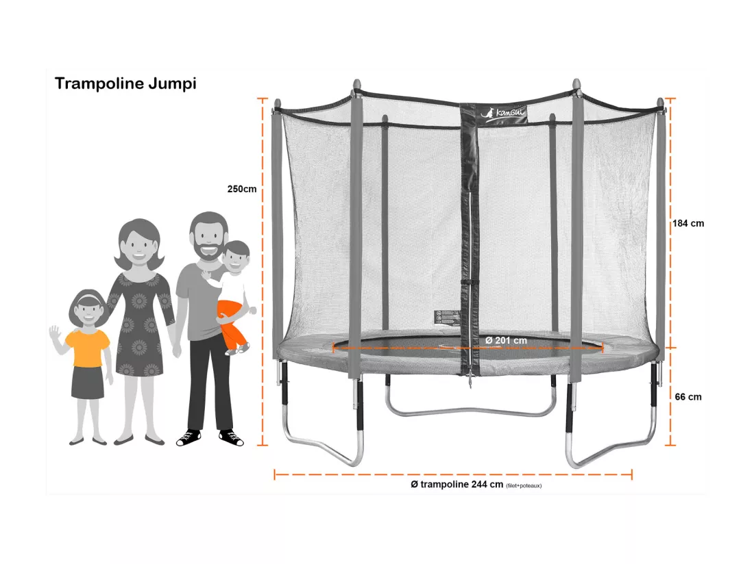 Kangui - Trampoline de jardin 244 cm + filet de sécurité JUMPI Vert/Noir 250