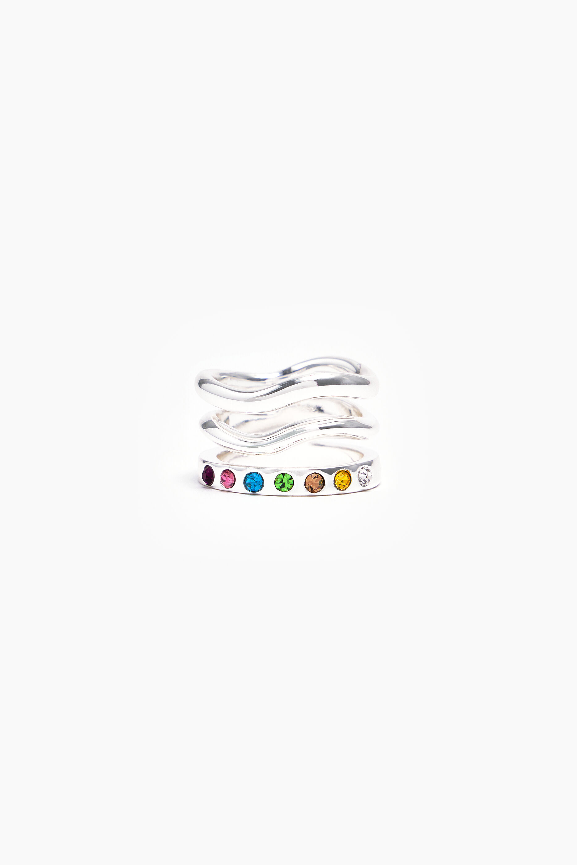 Anel com faixas de cristal multicoloridas