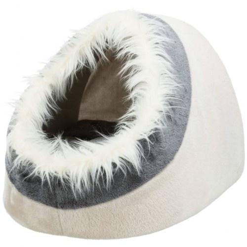 Cama em forma de caverna para gatos, com design exclusivo em bege e cinza.