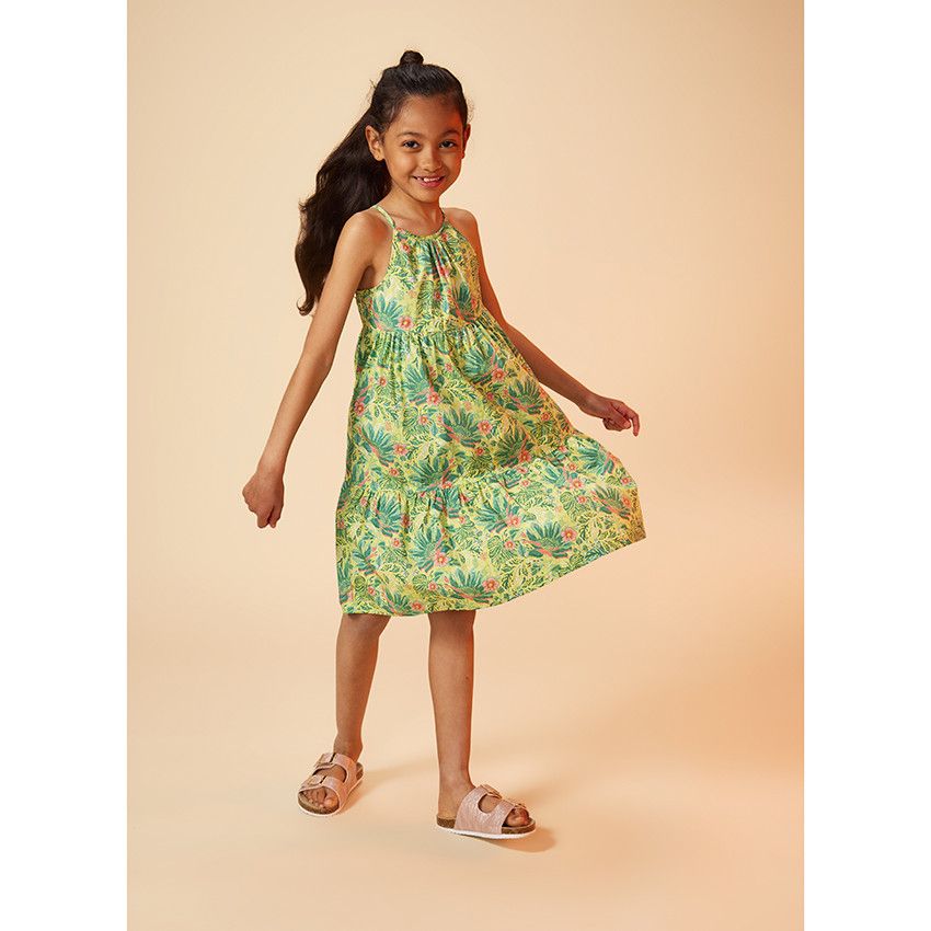 Robe à fines bretelles imprimé exotique pour fille - Vert