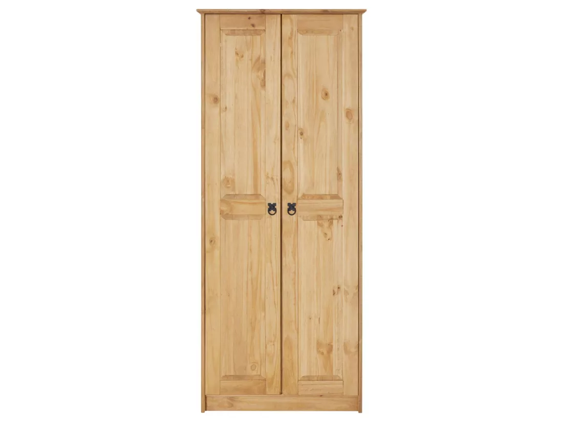 Armoire BARRIO en pin massif style mexicain, penderie pour vêtements avec 2 portes, finition teintée/cirée