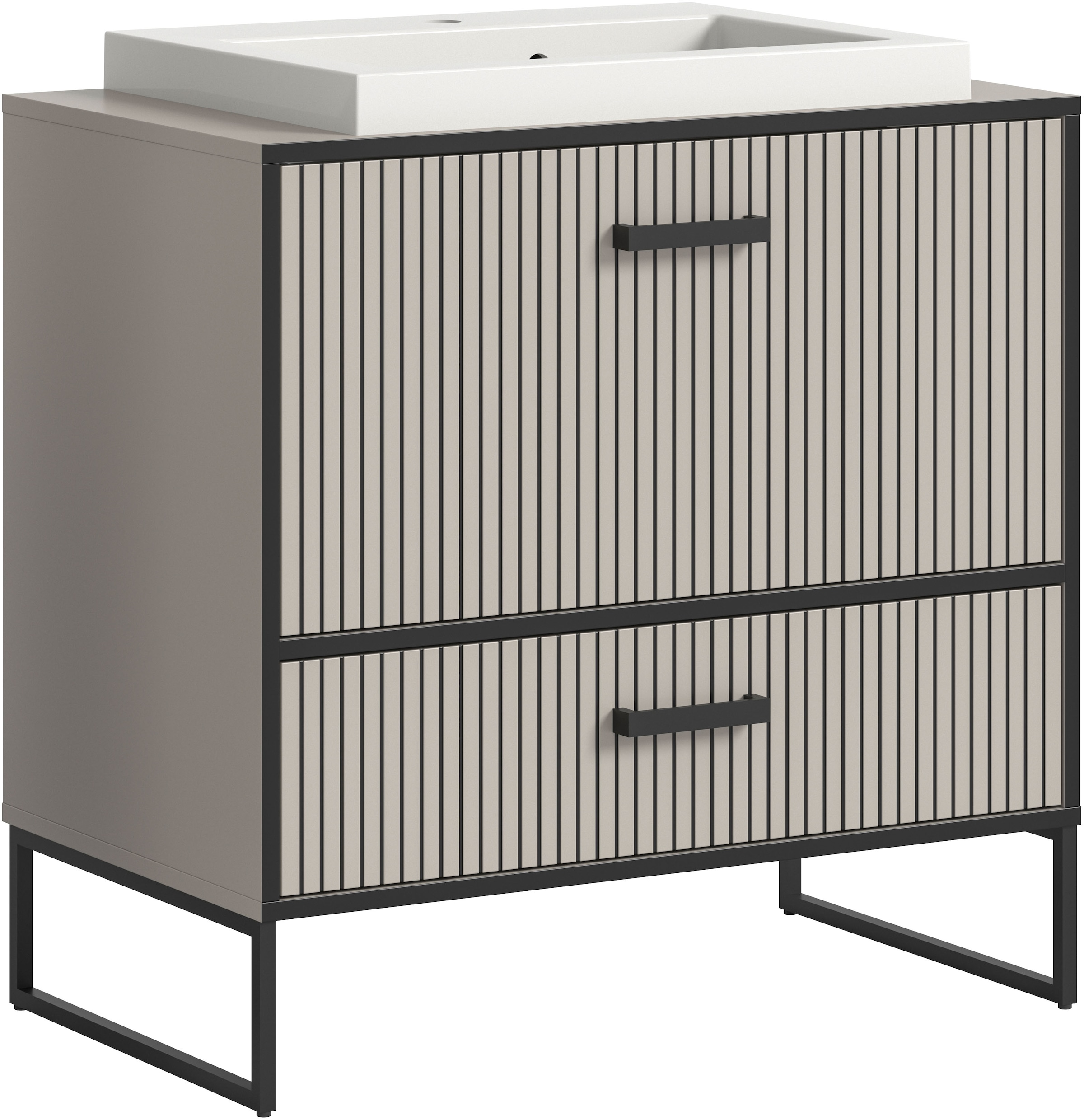 welltime Waschbeckenunterschrank »Locri, Höhe 84 cm, Rillenoptik, Metallkufen« 2 Stk. tlg. Aufsatzwaschbecken, modernes Design, Unterschrank, Badschrank, Bad