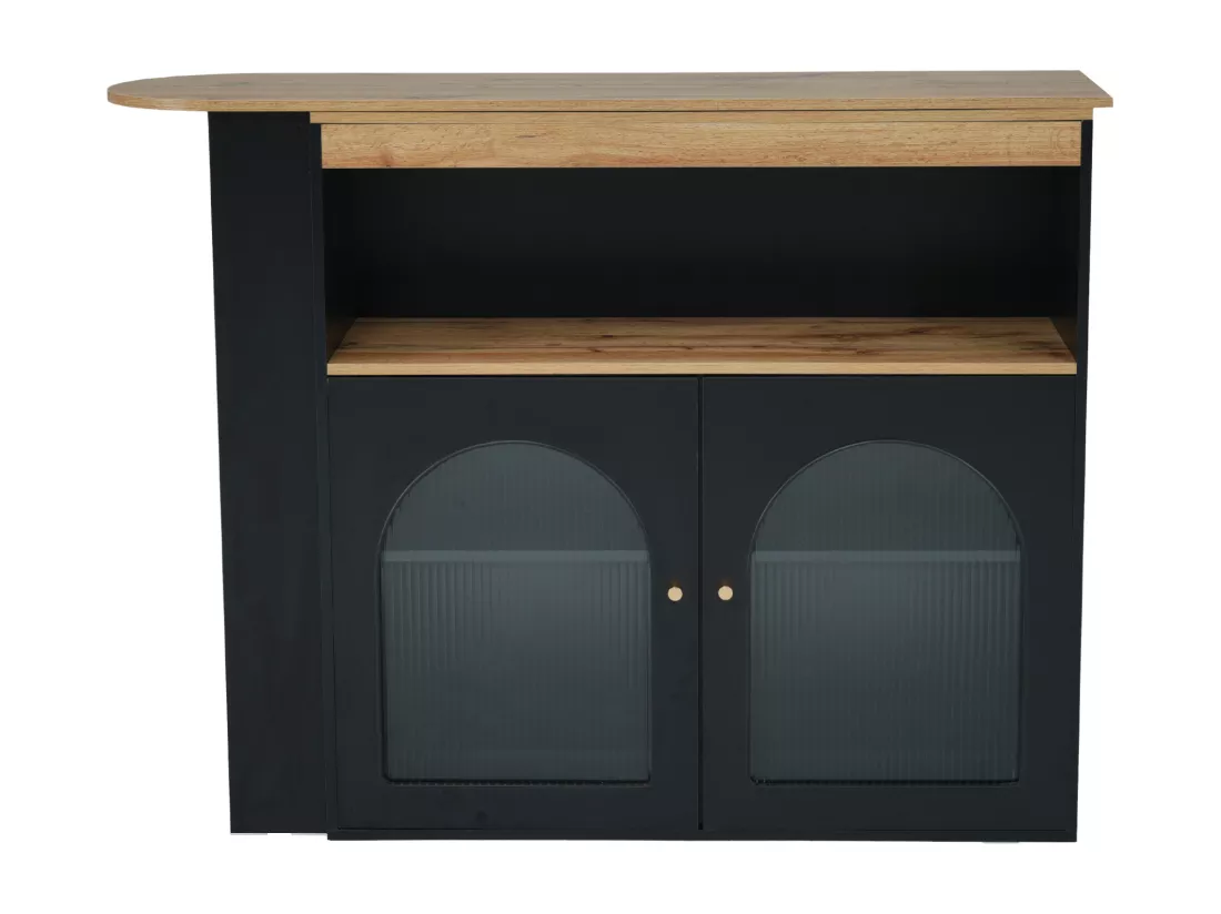 Meuble de bar pivotant - 2 portes, 3 étagères de rangement & niche - MDF plateau effet bois - LEDs - Naturel et noir