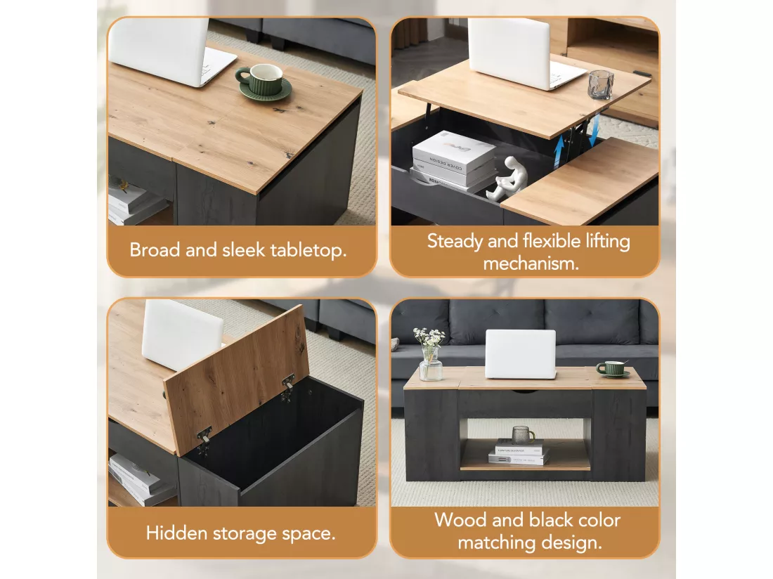 Table basse relevable en MDF - avec espace de rangement sous la table - Gris