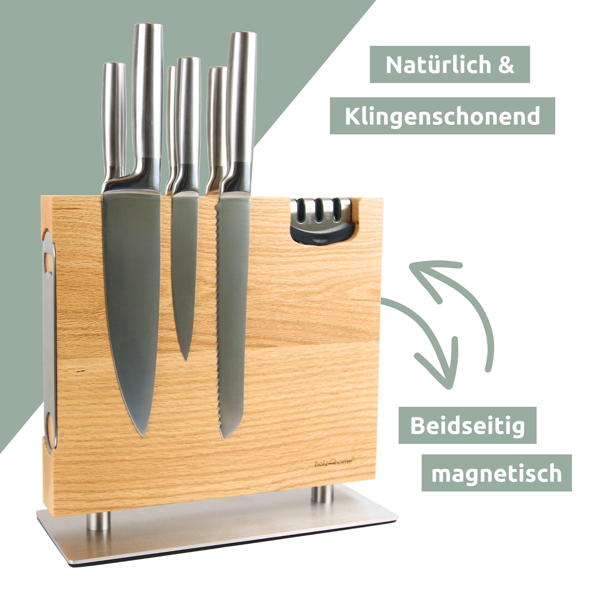 holz4home® Magnetischer Messerblock aus Eichenholz - inkl. Flaschenöffner & Messerschärfer