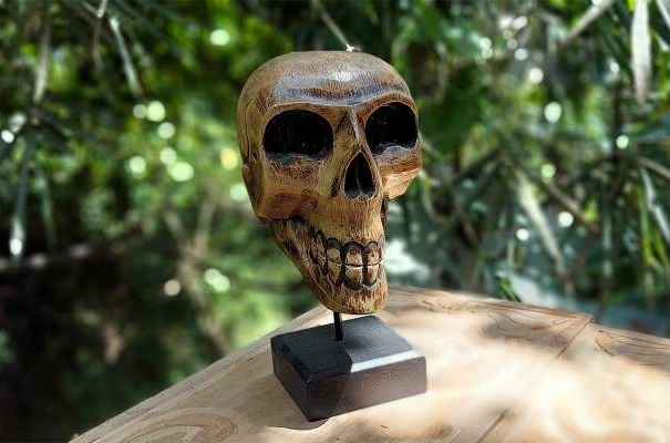 Schädel auf Ständer, Holz, T 12 cm, B 12 cm, H 30 cm von fischer's lagerhaus