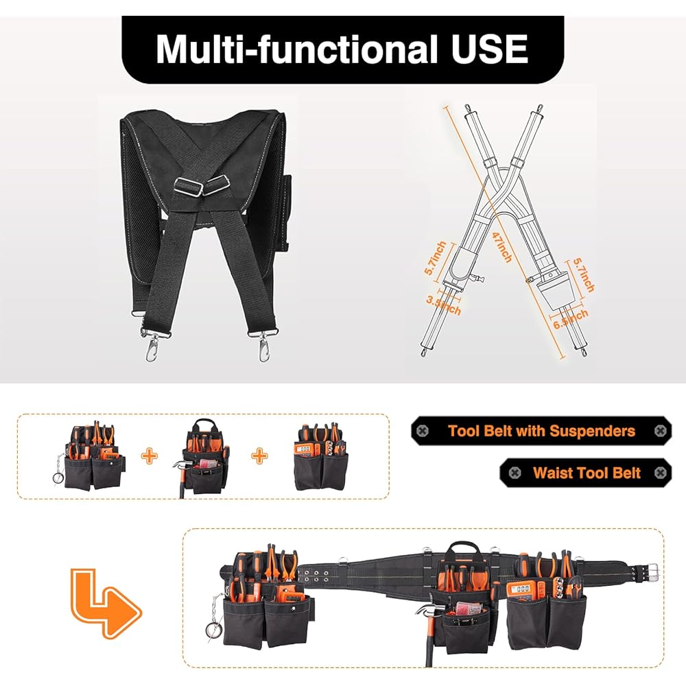 Ceinture à outils avec bretelles – Ceinture à outils pour homme, 22 poches, organiseur d'outils robuste pour encadreurs, charpentiers, électriciens, menuisiers, menuisiers, orange : Bricolage
