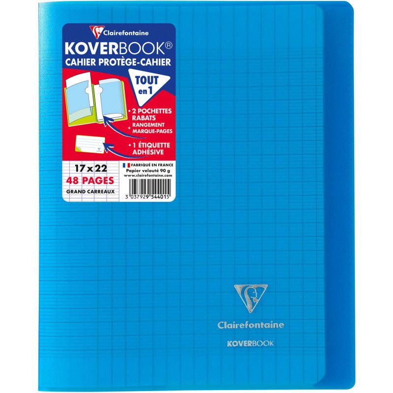 Cahier piqué Clairefontaine Koverbook 17 x 22 cm grands carreaux 48 pages