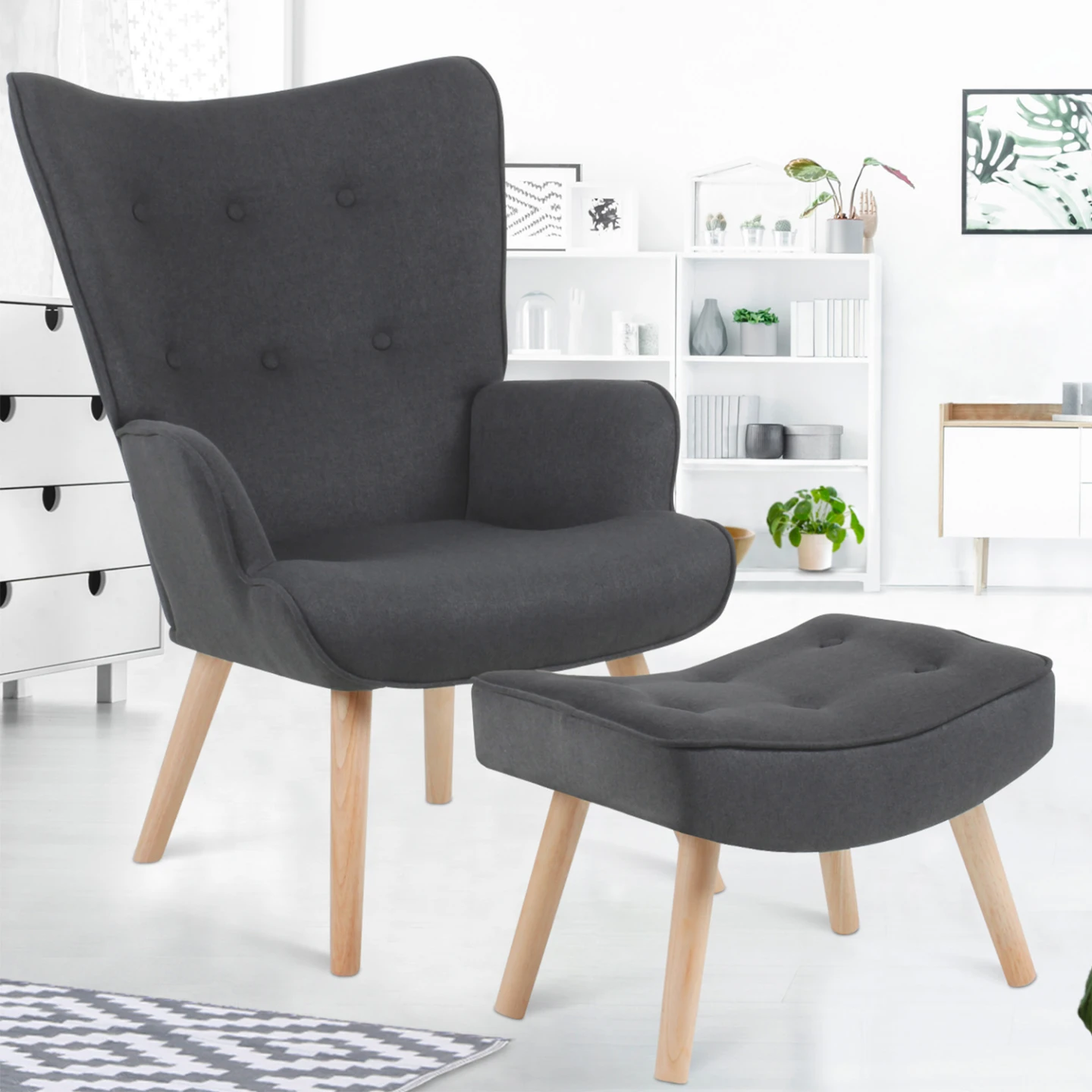 Fauteuil scandinave IVAR avec repose pieds gris anthracite