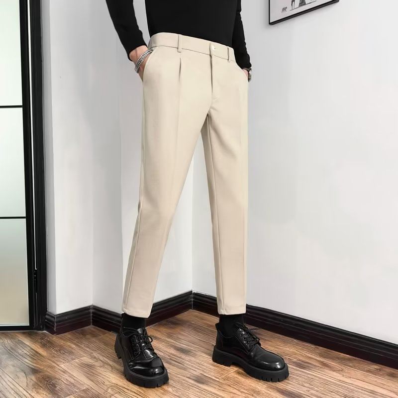 DuckleBeam - Mid Rise Plain Cropped Straight Leg Dress Pants
