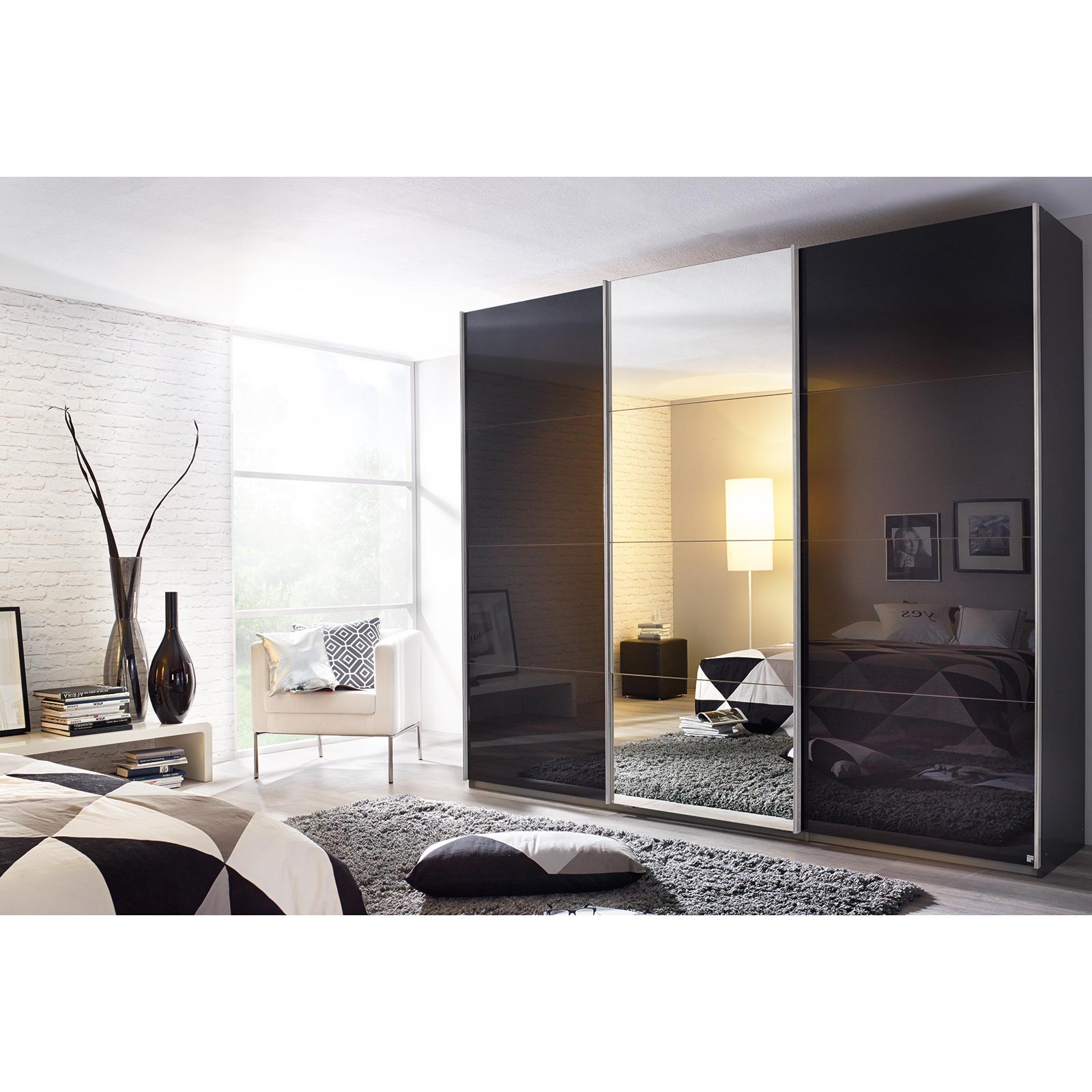 Schwebetürenschrank - grau metallic - mit Spiegel - 2 Glastüren - 271x229 cm
