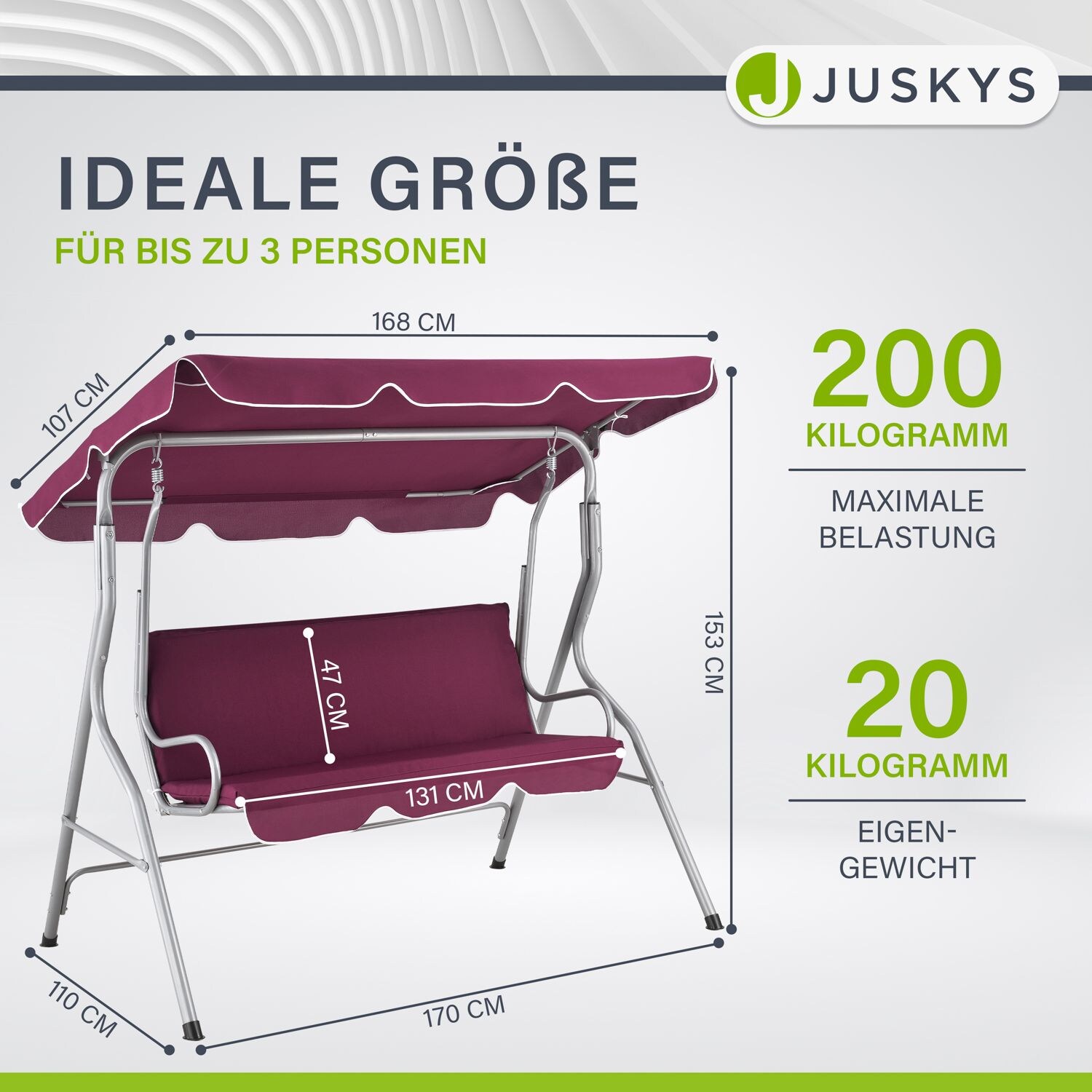 Juskys Hollywoodschaukel 3-Sitzer mit Dach & Sitzauflage – Gartenschaukel 200 kg belastbar - Rot