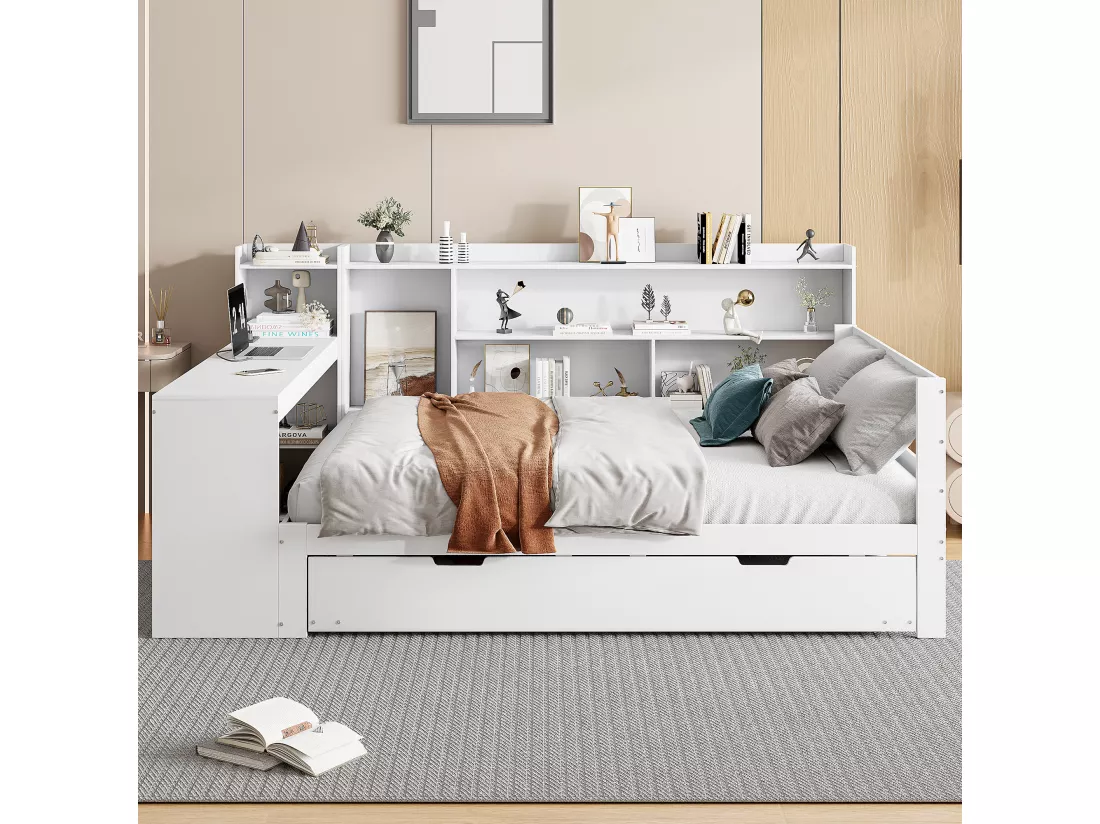 Canapé convertible en bois massif 140x200 cm - avec bureau + bibliothèque - compartiments de rangement + étagères - avec prises - avec lit gigogne - blanc