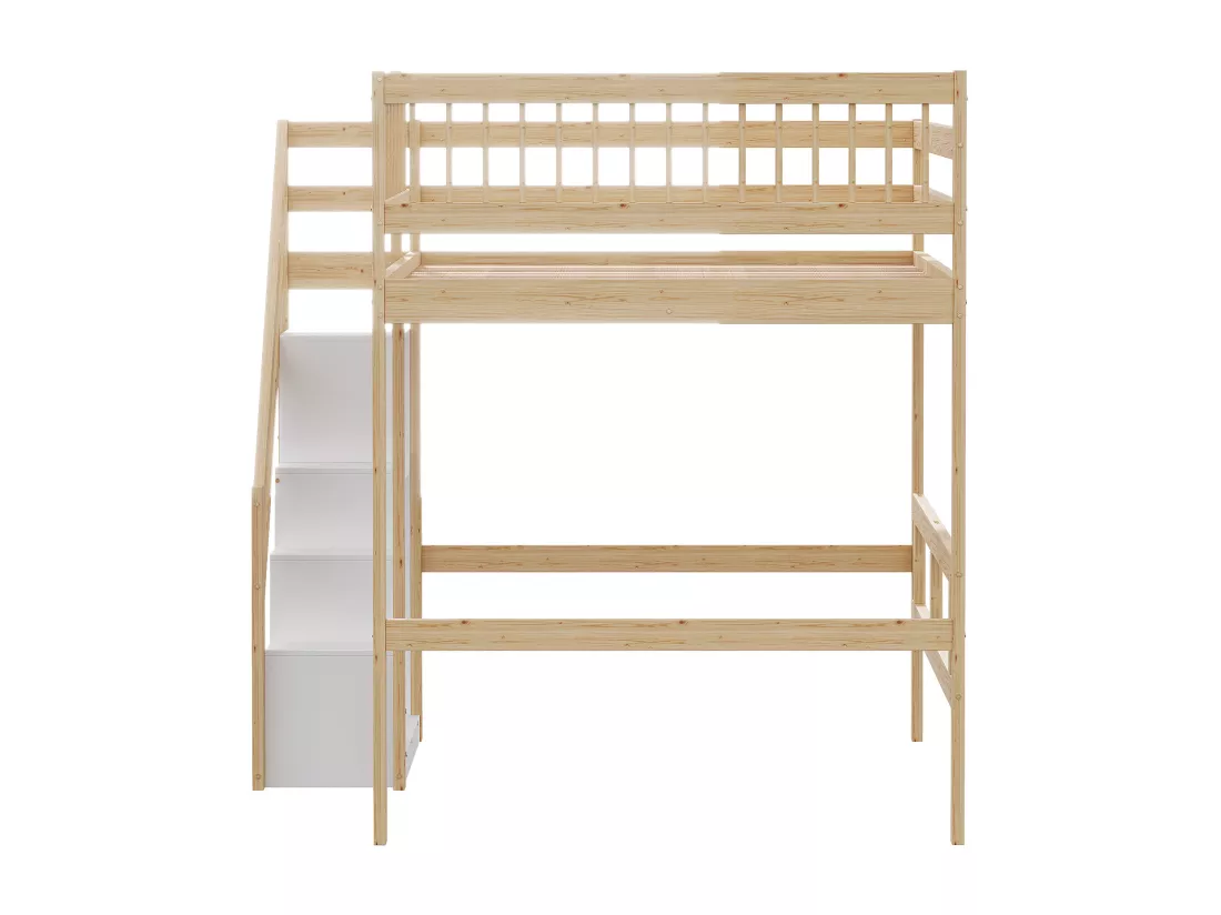 Lit superposé en bois 140x200cm - avec escalier de rangement - Naturel