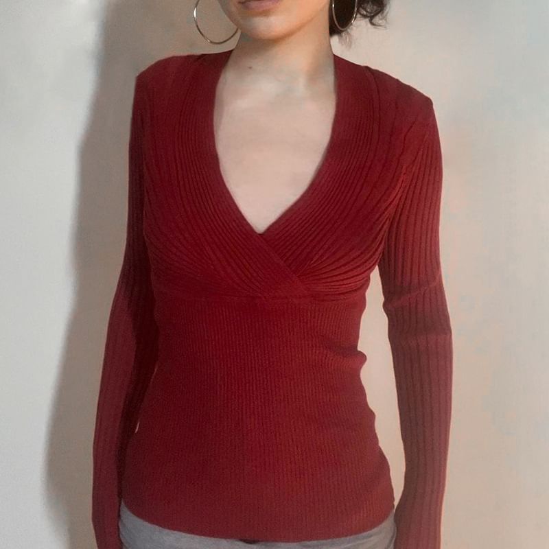 Sosana - Lange mouwen V-hals effen geribbelde slim-fit top