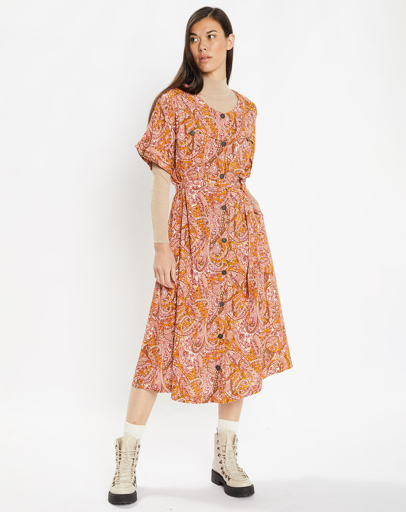 Galeries Lafayette Robe fluide boutonnée Roxane imprimé fantaisie multicolore