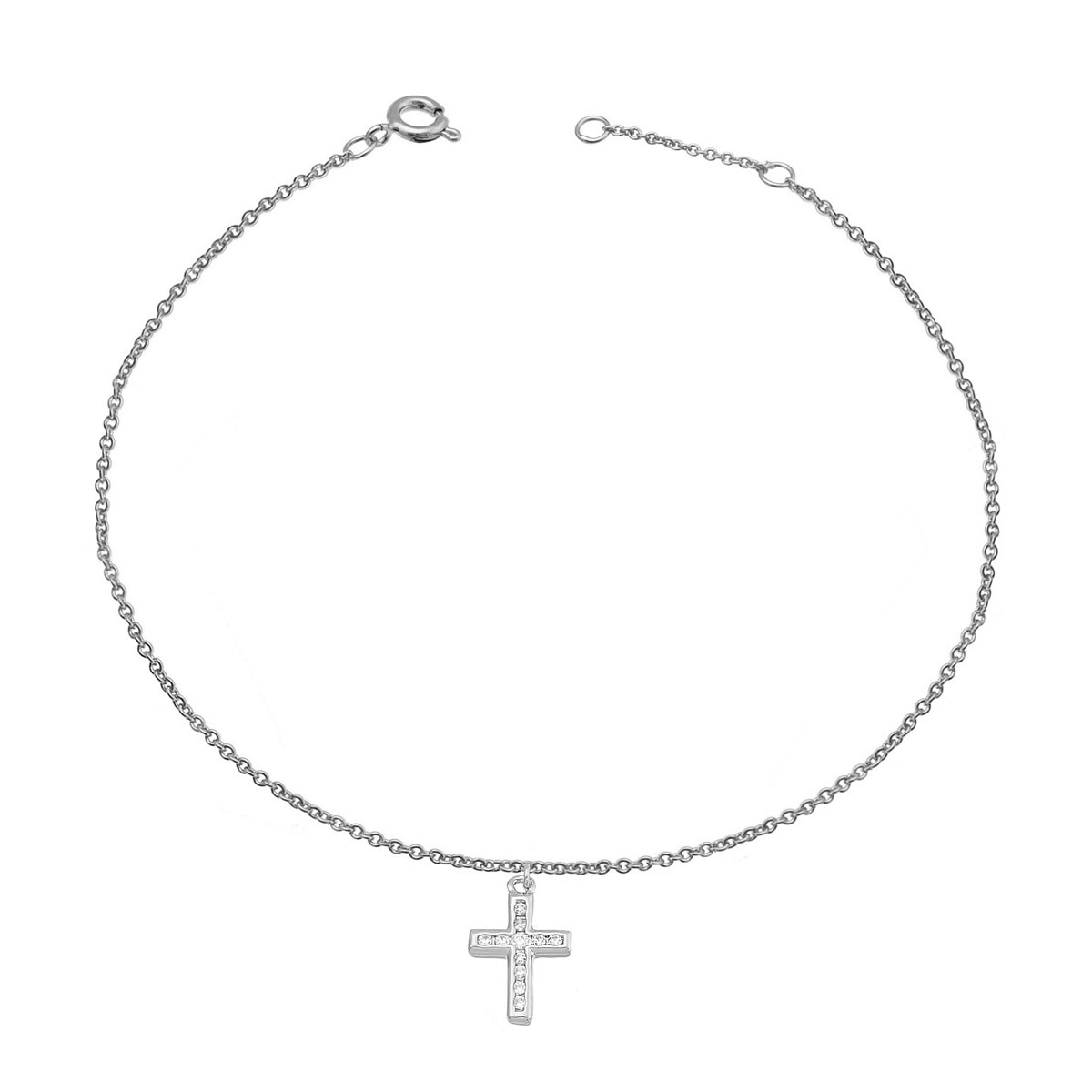 Chaîne de cheville croix sertie d'oxyde de zirconium Argent 925 Rhodié