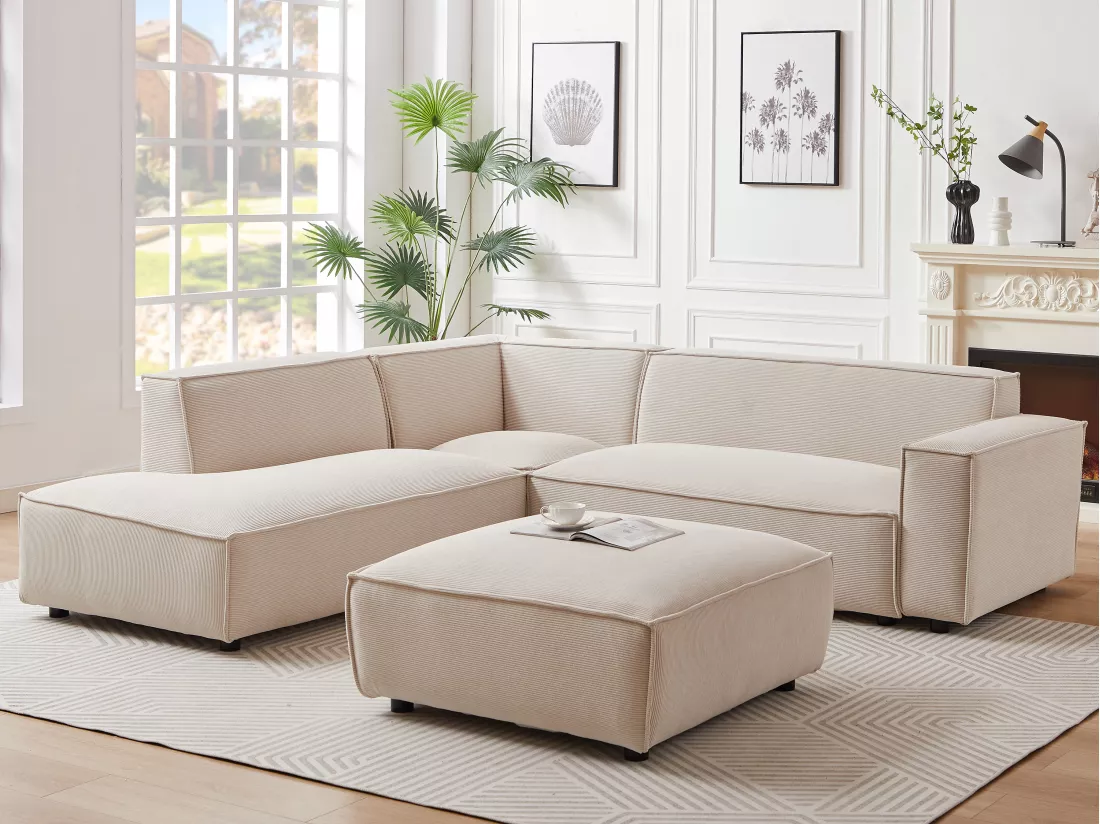 Grand canapé d'angle gauche et pouf en velours côtelé beige BORORE de Pascal Morabito