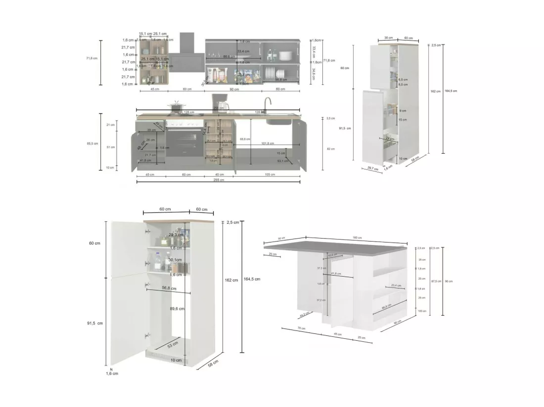 Cuisine complète Dancelott, Ensemble avec garde-manger, Meuble de kitchenette, Kit bloc avec îlot et porte-frigo, 100% Made in Italy, Anthracite et Ardoise