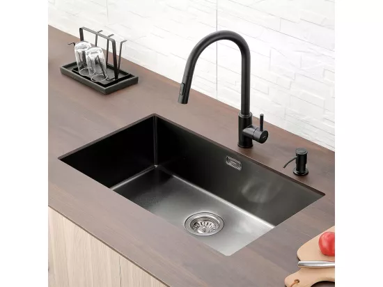 LONHEO MAX Évier Cuisine 1 Bac 74*44*20CM,en Inox Brossé avec Siphon et Trop-Pleinn,Noir