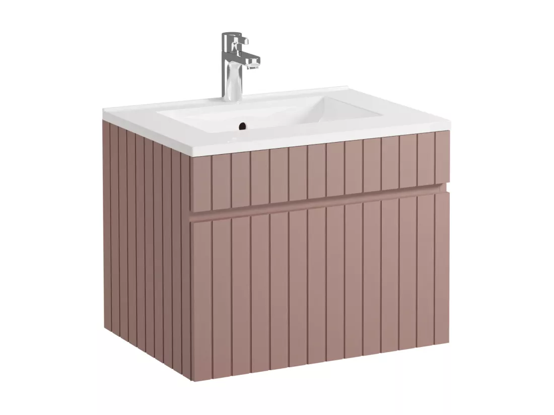Meuble de salle de bain suspendu strié rose avec vasque à encastrer - 60 cm - SATARA
