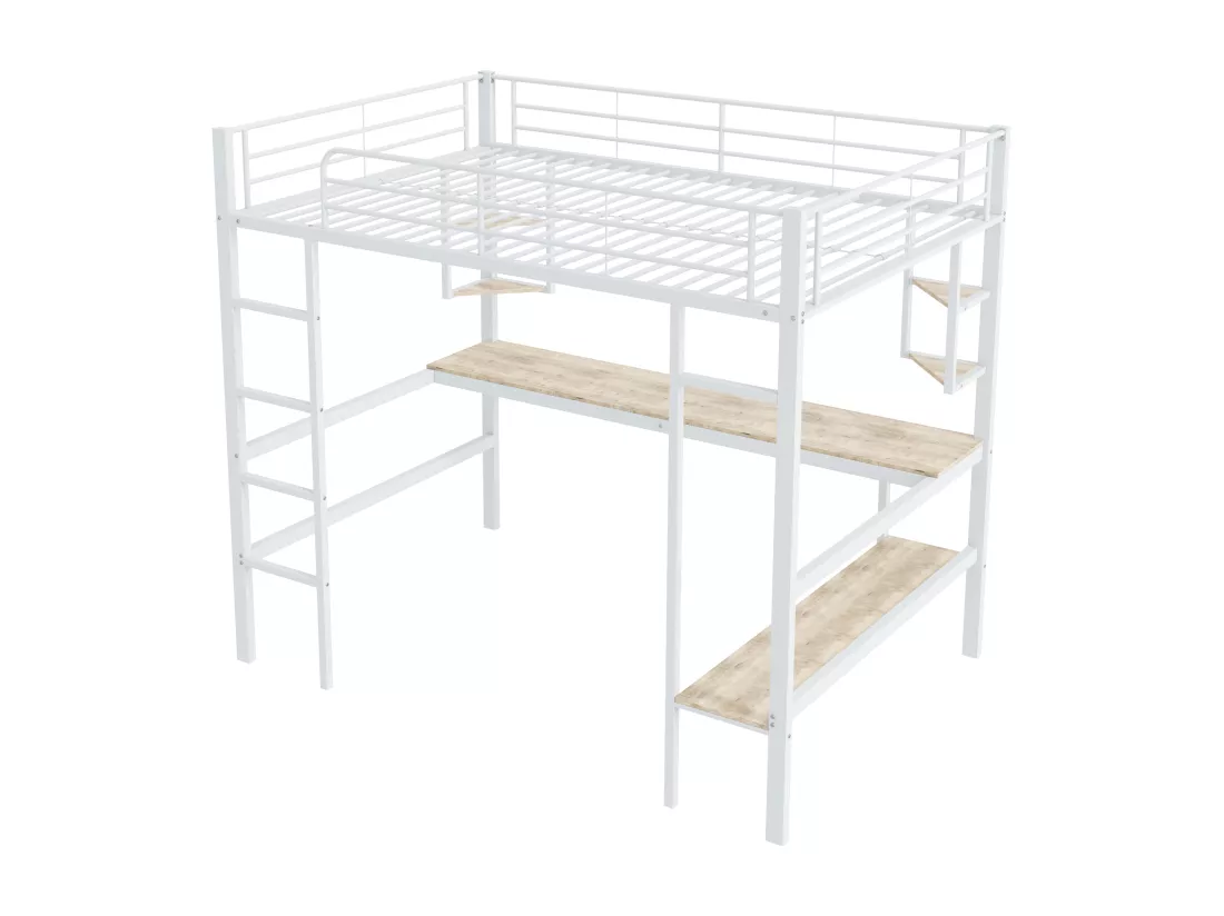 Lit mezzanine en fer - 140x200cm - avec bureau et 5 étagères - Blanc